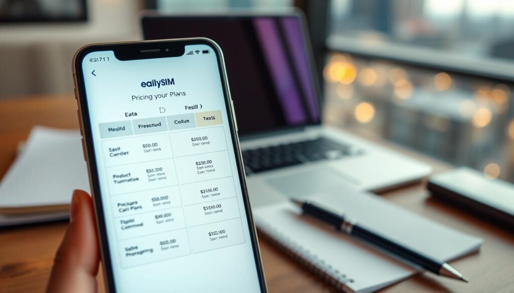 A detailed, high-quality image of Saily's eSIM pricing plans, showcasing their various mobile data, call, and text packages. The foreground prominently displays a sleek smartphone screen presenting the eSIM plans in a clean, minimalist interface. The middle ground features a professional-looking setup with a laptop, notebook, and pen, suggesting a business or professional setting. The background has a blurred, out-of-focus cityscape, conveying a sense of connectivity and modern technology. The lighting is soft and diffused, creating a warm, inviting atmosphere. The overall composition should be visually appealing, well-balanced, and effectively communicate the pricing and affordable options for Saily's eSIM services.