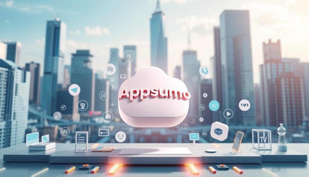 A detailed illustration of the inner workings of the Appsumo platform, showcasing its key features and functionalities. In the foreground, a stylized 3D model of the Appsumo logo hovers, surrounded by various digital tools and software icons, each representing the diverse product offerings available on the platform. The middle ground depicts a sleek, minimalist interface with clean lines and intuitive navigation, highlighting Appsumo's user-friendly design. In the background, a vibrant, futuristic cityscape sets the scene, with towering skyscrapers and a dynamic, technology-driven atmosphere. The lighting is crisp and directional, casting subtle shadows and highlights to accentuate the three-dimensional elements. The overall mood is one of innovation, efficiency, and the seamless integration of digital solutions for modern businesses.