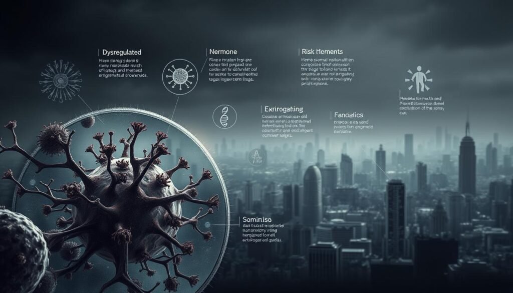 A detailed illustration of the key causes and risk factors of chronic fatigue syndrome. In the foreground, a microscopic view of dysregulated immune cells and a frayed neurological network. In the middle ground, visualizations of hormonal imbalances, genetic predispositions, and environmental triggers. In the background, a hazy, fatigued cityscape symbolizing the debilitating impact on daily life. Rendered in a somber, monochromatic color palette with dramatic chiaroscuro lighting to convey the seriousness of the condition. The overall composition strikes a balance between scientific accuracy and emotive representation.