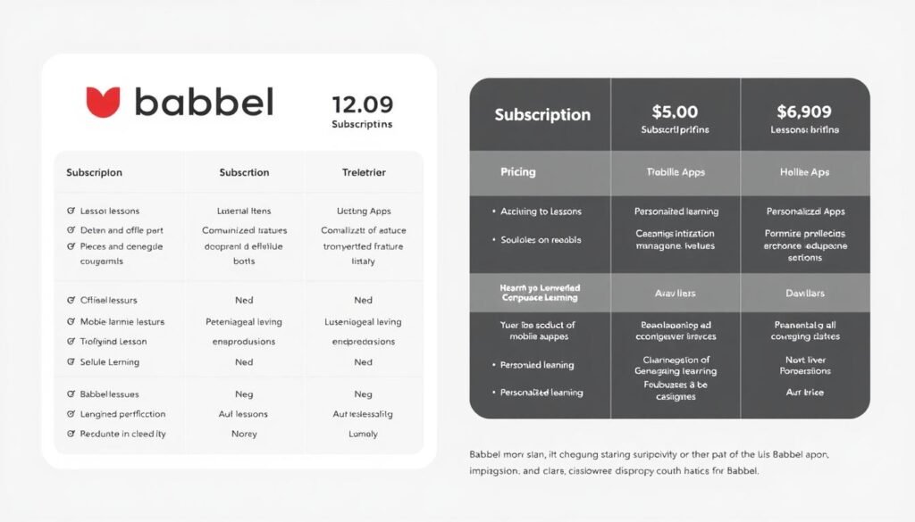 A detailed illustration of the subscription plans and pricing for Babbel language learning service. Depicted as a sleek, minimalist infographic with clean typography and geometric shapes. The foreground showcases the various subscription tiers, each with its own set of features and pricing displayed in a grid-like layout. The middle ground highlights the key benefits of each plan, such as access to lessons, mobile apps, and personalized learning. The background sets a calm, professional tone with a subtle gradient or pattern, letting the subscription details take center stage. The overall design should convey a sense of clarity, accessibility, and value proposition for Babbel's language learning offerings.