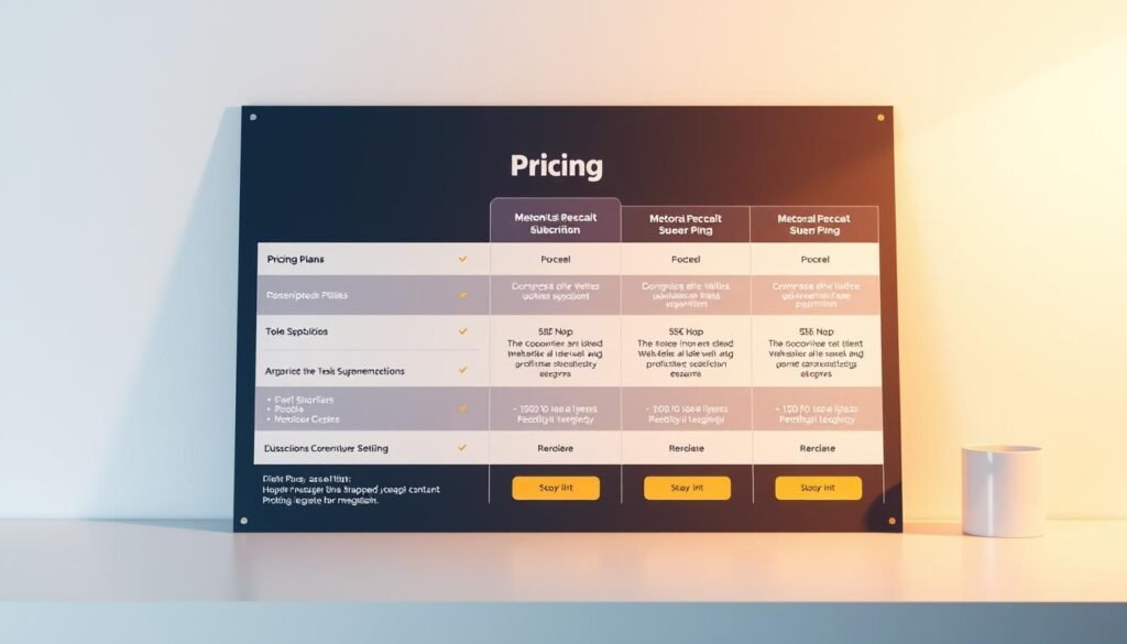 A detailed pricing plan for Magoosh, displayed on a clean, minimalist background with soft, warm lighting and a slight vignette effect. The plan showcases the various subscription tiers and their corresponding features, presented in a clear and organized manner to convey the value proposition. The overall composition should have a professional, trustworthy, and informative aesthetic, reflecting the subject matter and the section title "التكلفة والقيمة المقدمة".