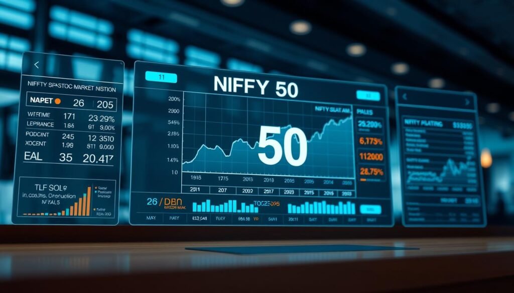 A detailed, realistic visualization of the Nifty 50 index, the leading stock market index in India. A clean, minimalist design with a focus on the numerical data and visual representation of the index's performance. Rendered in a cool, professional color palette with subtle lighting and depth, conveying a sense of authority and reliability. The scene features a large, central display showing the Nifty 50 value and chart, flanked by supporting information such as exchange details and market conditions. The background blurs softly, keeping the main focus on the key financial data. An elegant, informative image that captures the essence of the Nifty 50 index.