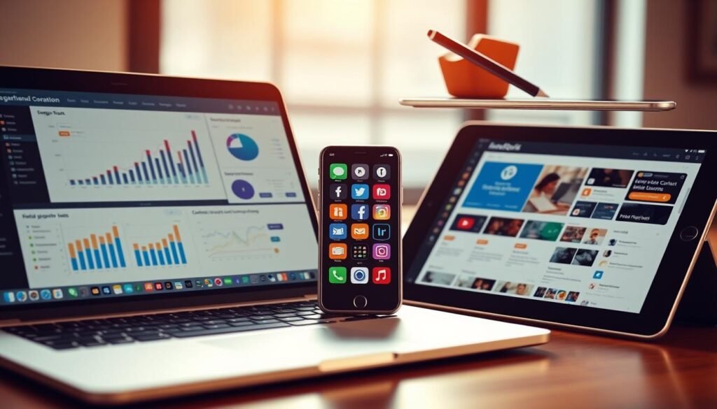 A digital toolkit for enhanced marketing and content creation. In the foreground, a sleek laptop displays design software and analytics dashboards. In the middle, a smartphone showcases social media platforms and content management apps. In the background, a tablet with a stylus hovers, highlighting the versatility of digital tools. Warm lighting casts a professional yet inviting atmosphere, emphasizing the productivity and creativity enabled by this integrated suite of digital assets. The composition conveys the efficiency and innovative spirit of modern marketing and content strategies.