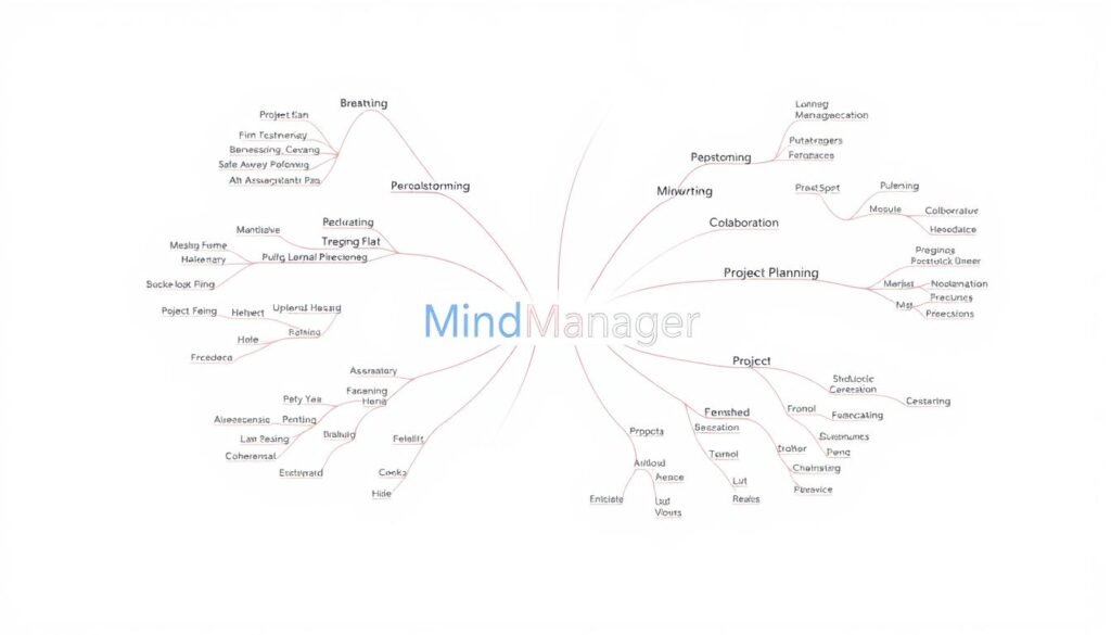 A digital workspace filled with a colorful mind map, the center node showcasing the title "MindManager" in a clean sans-serif font. Surrounding nodes branch out with various sub-topics like "Brainstorming", "Project Planning", and "Collaboration", each node connected by sleek lines. The entire mind map is presented on a minimalist white background, with a warm, directional lighting illuminating the nodes and emphasizing the depth and hierarchy of the information. The composition is balanced, with the mind map occupying the majority of the frame, allowing the viewer to clearly understand the capabilities and features of the software.