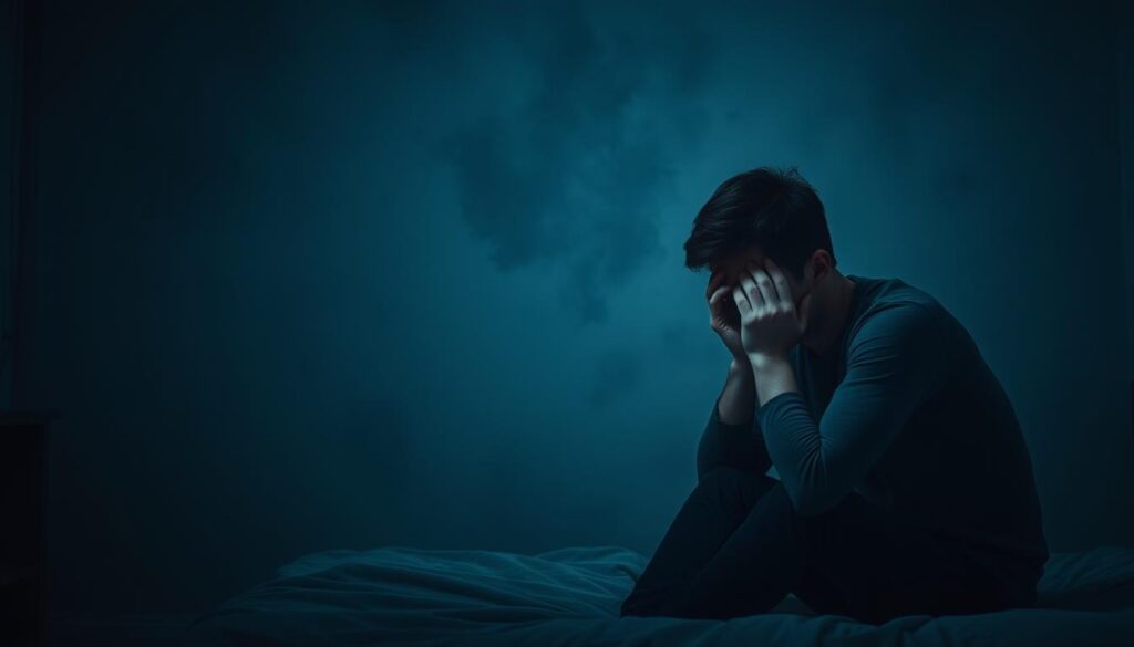 A dimly lit bedroom, the air thick with anxiety. In the foreground, a person sits on the edge of the bed, head in hands, face contorted with distress. Streaks of tears stain their cheeks, a visual representation of the turmoil within. The middle ground is hazy, a metaphor for the mental fog that envelops the individual. Shadows loom in the background, symbolizing the ever-present fear and uncertainty that plague those living with panic disorder. The lighting is low and moody, creating a sense of unease and isolation. The camera angle is pulled back, capturing the loneliness and vulnerability of the subject. This image conveys the profound emotional and psychological impact of panic disorder, a poignant illustration of the daily struggle faced by those affected.