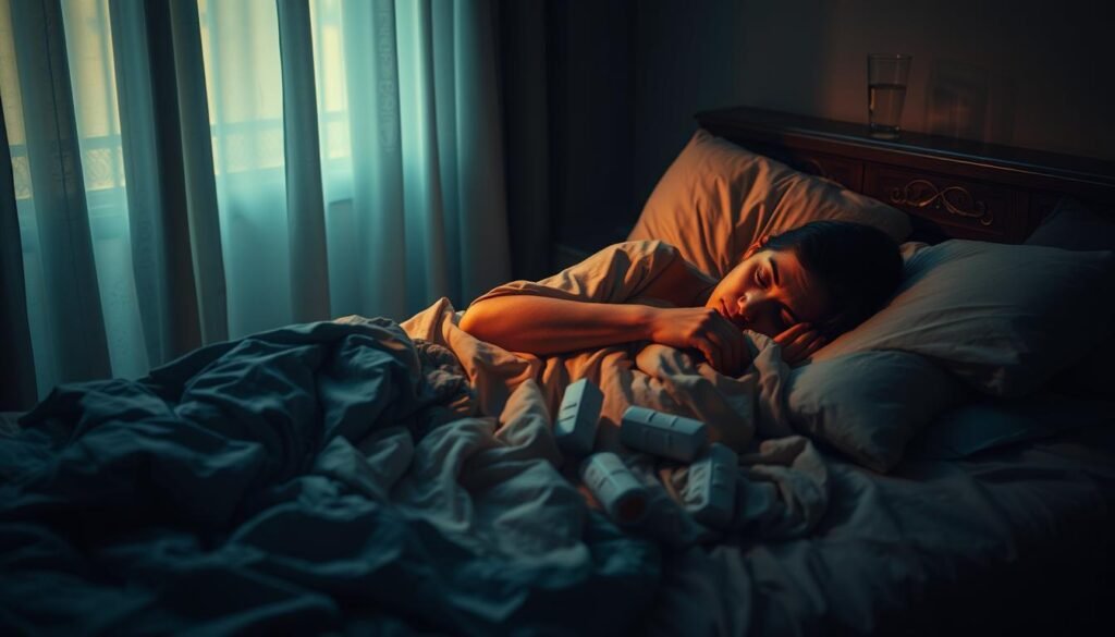 A dimly lit bedroom, the curtains drawn, casting a soft, muted glow. On the bed, a figure lies curled up, exhausted, surrounded by crumpled sheets and a tangle of blankets. Their face is weary, eyes closed, hands grasping the covers in a futile attempt to find comfort. The atmosphere is somber, with a sense of heaviness and fatigue permeating the scene. In the background, a nightstand holds a half-empty glass of water and a few scattered medication bottles, a subtle reminder of the daily struggle. The lighting is warm and hazy, creating a sense of isolation and the overwhelming sensation of living with the debilitating effects of chronic fatigue syndrome.