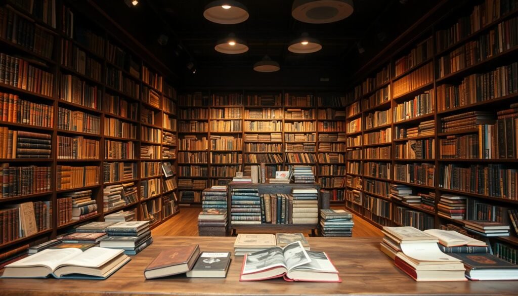 A dimly lit bookshop interior, with rows of floor-to-ceiling shelves filled with an eclectic collection of rare and vintage books. The shelves are adorned with leather-bound tomes, delicate paperbacks, and intriguing volumes of various sizes and colors. Soft, warm lighting emanates from overhead fixtures, casting a cozy glow across the scene. In the foreground, a sturdy wooden table displays a selection of the shop's most prized acquisitions, inviting visitors to explore the treasures within. The atmosphere is one of quiet contemplation, hinting at the stories and histories that lie within the pages of these unique, hard-to-find books.