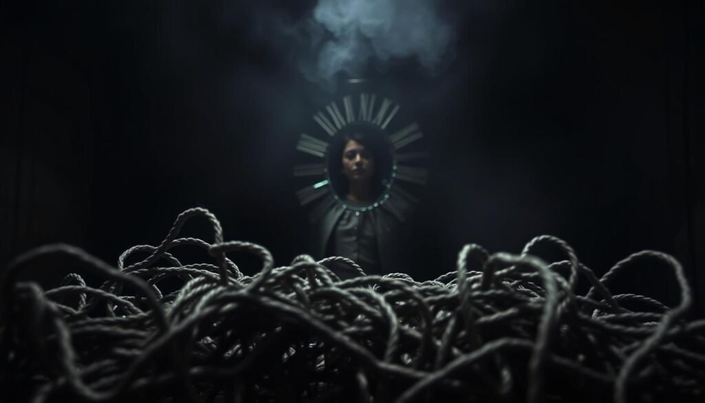 A dimly lit, claustrophobic room with a sense of unease and tension. In the foreground, a tangle of tangled, knotted threads in shades of gray and black, symbolizing the complex and entangled causes of narcissistic personality disorder. In the middle ground, a distorted, fragmented mirror reflecting a twisted, fragmented self-image. The background is hazy and obscured, suggesting the lack of clarity and understanding surrounding the origins of this condition. Dramatic chiaroscuro lighting casts dramatic shadows, heightening the sense of psychological depth and complexity. The overall atmosphere is one of introspection, uncertainty, and the struggle to make sense of the inner turmoil that lies at the heart of narcissistic personality disorder.