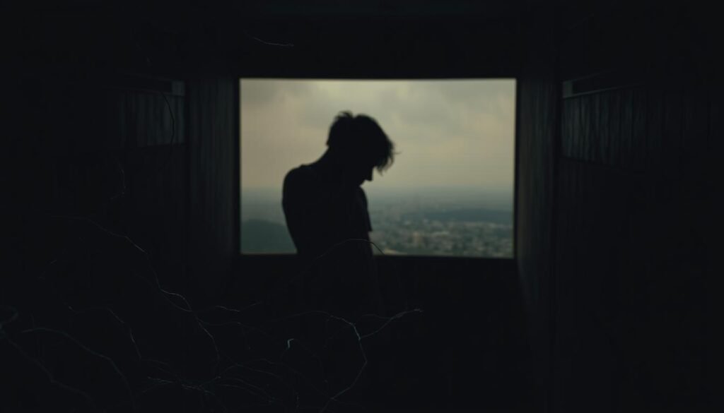 A dimly lit, claustrophobic room with muted colors and heavy shadows. In the foreground, a tangled web of frayed nerves, representing the internal turmoil of a troubled mind. The middle ground features a shadowy figure, shoulders hunched, grasping their head in anguish, symbolizing the mental anguish and emotional distress. In the background, a hazy landscape of disconnected memories, traumatic experiences, and unresolved conflicts, casting a pall over the entire scene. The lighting is somber, creating a sense of unease and discomfort, capturing the essence of the underlying causes of Borderline Personality Disorder.