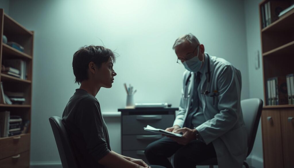 A dimly lit, clinical examination room. In the foreground, a patient sits with a pensive expression, their gaze distant and unfocused, reflecting the complexity of their inner world. In the middle ground, a psychiatrist leans forward, their face a mask of professional concern as they carefully observe the patient, notes in hand, delving into the intricate layers of the patient's dissociative identity disorder. The background is hazy, suggesting the uncertainty and fragility of the diagnostic process, with medical equipment and shelves of reference materials providing a sense of the clinical setting. The scene is rendered with a muted color palette, conveying the gravity and sensitivity of the situation.