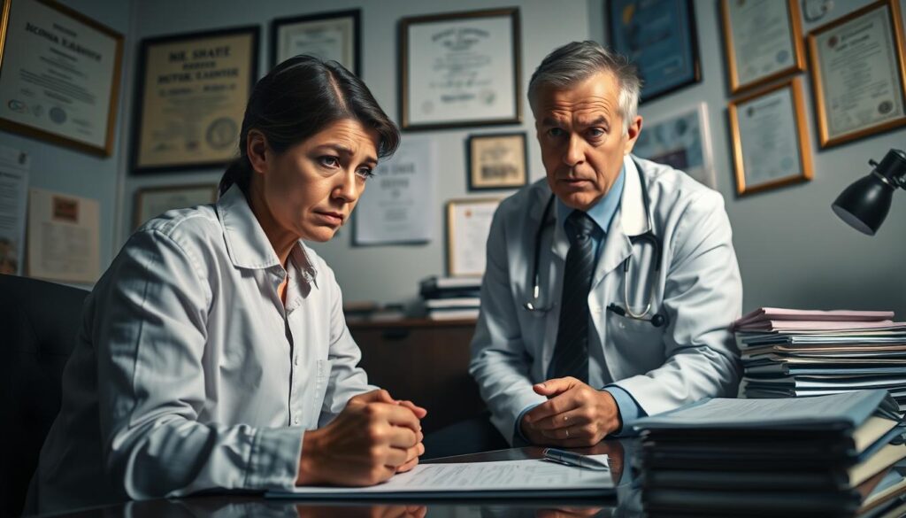 A dimly lit doctor's office, the walls adorned with medical diplomas and certificates. On the desk, a stack of patient files, a pen poised over a diagnostic checklist. In the foreground, a concerned patient sits, hands fidgeting anxiously, eyes conveying a mix of worry and apprehension. Soft, muted lighting casts shadows, creating an atmosphere of introspection and contemplation. The doctor, brow furrowed in concentration, leans forward, listening intently, ready to guide the patient through the complex process of an OCD diagnosis. The scene captures the gravity of the moment, the patient's journey towards understanding their condition and the medical professional's role in providing support and expertise.