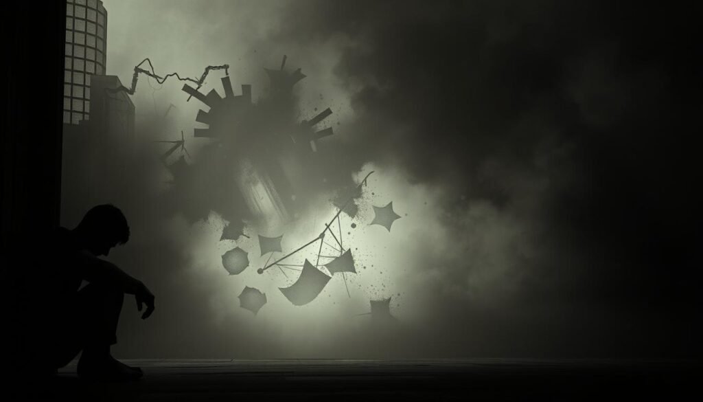 A dimly lit, introspective scene depicting the internal experience of mental health and stress disorder. In the foreground, a solitary figure sits hunched, their face obscured by shadows, conveying a sense of isolation and despair. The middle ground features a swirling, chaotic landscape of fragmented thoughts and emotions, represented by distorted, abstract shapes and forms in muted hues. In the background, a hazy, oppressive atmosphere envelops the scene, evoking a heavy, overwhelming sense of anxiety and pressure. Soft, dramatic lighting casts dramatic shadows, heightening the somber, introspective mood. The overall composition conveys the profound impact of chronic stress on mental well-being, with a sense of vulnerability, turmoil, and the struggle to find clarity and stability.