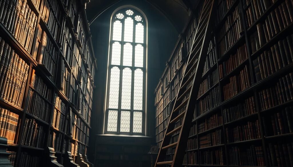 A dimly lit library filled with antique books and scholarly tomes, the shelves stretching up to a high ceiling. In the foreground, an old wooden ladder leans against the bookshelves, its worn steps and uneven rungs suggesting a long history of use. Sunlight filters in through a tall window, casting a warm glow across the scene. The atmosphere is one of quiet contemplation, hinting at the origins and development of the "Ladder Theory" - a concept that has been studied and debated within these hallowed halls for generations.