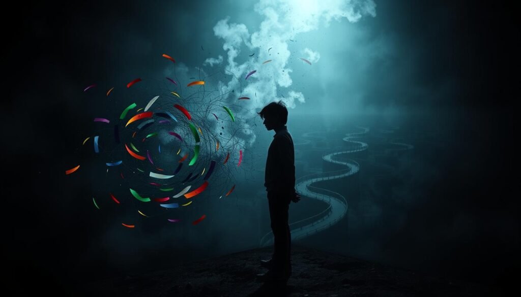 A dimly lit mental landscape, a whirlwind of emotions swirling within a fractured psyche. In the foreground, a figure stands alone, their features obscured by a haze of uncertainty, their body language conveying a sense of inner turmoil. Surrounding them, a kaleidoscope of colors and shapes, representing the chaos and instability that often characterize borderline personality disorder. The middle ground is a maze of twisted pathways, symbolic of the complex and often unpredictable nature of this condition. In the distant background, a faint glimmer of light, a beacon of hope amidst the darkness, hinting at the possibility of resilience and recovery. Dramatic chiaroscuro lighting casts dramatic shadows, heightening the sense of emotional intensity and psychological depth.