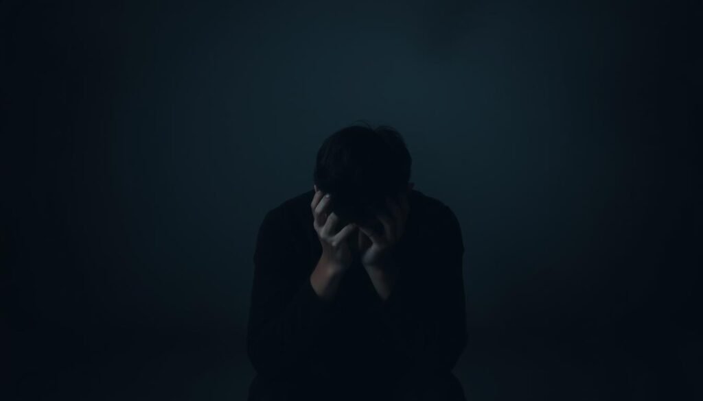 A dimly lit, moody interior scene depicting the mental health impact of silent anxiety attacks. In the foreground, a person sits alone, head in hands, their expression conveying deep distress and emotional turmoil. The middle ground features a shadowy, oppressive atmosphere, with a sense of confinement and isolation. The background is hazy, filled with muted, subdued colors that evoke a sense of unease and psychological weight. The lighting is soft and somber, casting a melancholic glow that heightens the emotional intensity. The overall composition and tonal palette communicate the profound and pervasive impact of silent anxiety on an individual's mental well-being.