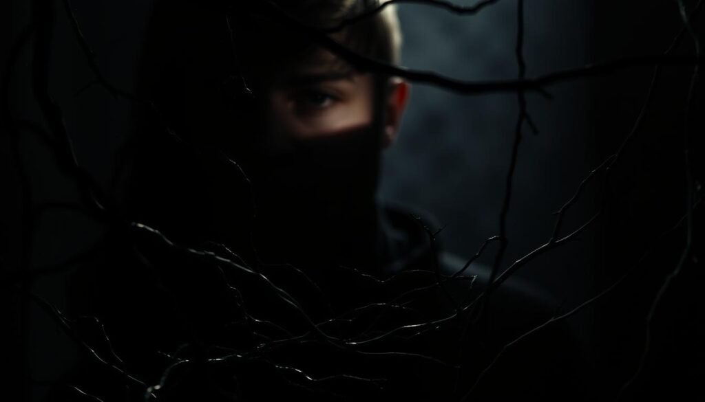 A dimly lit, moody scene depicts a person's face partially obscured in shadow, conveying a sense of detachment and emotional distance. In the foreground, a tangled web of vines or tendrils symbolizes the complexities and entanglement of relationships, hinting at the challenges faced by individuals with psychopathic tendencies. The middle ground features a blurred, hazy background, creating an atmosphere of uncertainty and unease. Dramatic lighting casts dramatic shadows, emphasizing the subject's guarded and enigmatic expression. The overall composition suggests the complex and often strained nature of relationships for those with psychopathic traits.