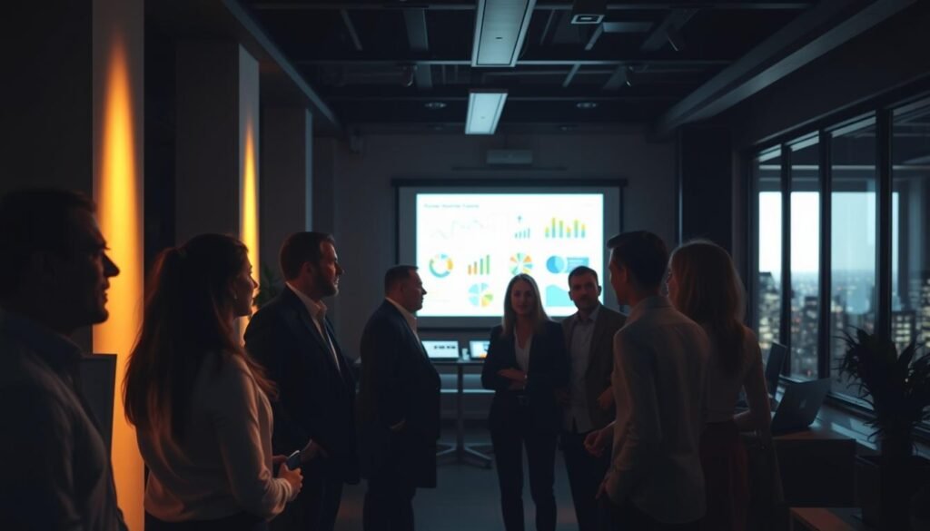 A dimly lit office space, warm lighting casting soft shadows on the walls. In the foreground, a group of professionals engaged in a thoughtful discussion, their body language and facial expressions conveying a sense of empathy and understanding. In the middle ground, a whiteboard or projection screen displays data visualizations and charts, reflecting the analytical aspects of emotional intelligence. The background features a cityscape visible through large windows, suggesting the broader context of the workplace. The overall atmosphere is one of collaboration, problem-solving, and a shared commitment to professional growth and development.