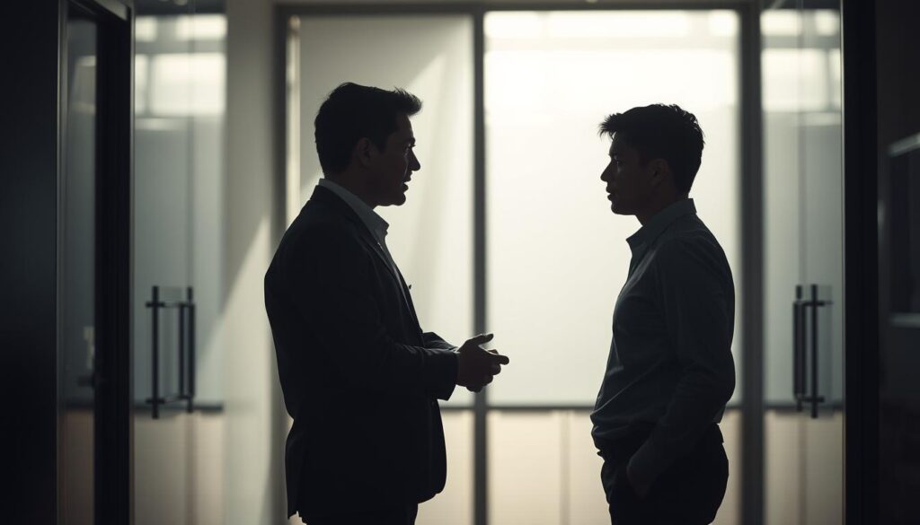A dimly lit office space, where two colleagues stand facing each other, engaged in an intense discussion. The atmosphere is tense, but their body language suggests a willingness to find a resolution. Soft, diffused lighting casts subtle shadows, creating a sense of depth and intimacy. The background is blurred, drawing the viewer's focus to the central interaction. The figures' expressions convey a mix of concern and determination, as they navigate the complexities of workplace conflict resolution through the lens of emotional intelligence.