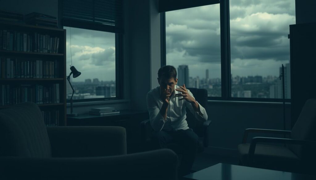 A dimly lit psychiatrist's office, with a couch and armchair in the foreground. In the middle ground, a patient sits nervously, fidgeting and gesturing dramatically. Behind them, a bookshelf filled with medical journals and a window overlooking a stormy cityscape. The lighting is low and moody, casting shadows that suggest an underlying tension. The overall atmosphere conveys the complex psychological factors that can contribute to the development of histrionic personality disorder, such as childhood trauma, attachment issues, and a need for constant attention and approval.