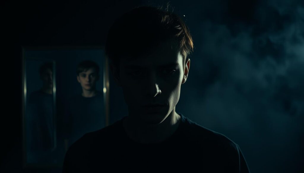 A dimly lit, psychological portrait depicting the inner turmoil of dissociative identity disorder. In the foreground, a figure with a fragmented, shifting visage, symbolizing the dissociation of the self. The middle ground reveals disjointed, mirror-like reflections, hinting at the multiplicity of identities. The background is shrouded in a haze of uncertainty, evoking the sense of disconnection from reality. Soft, dramatic lighting casts dramatic shadows, enhancing the sense of psychological depth. The overall atmosphere is one of unease, complexity, and the struggle to reconcile a fractured psyche.