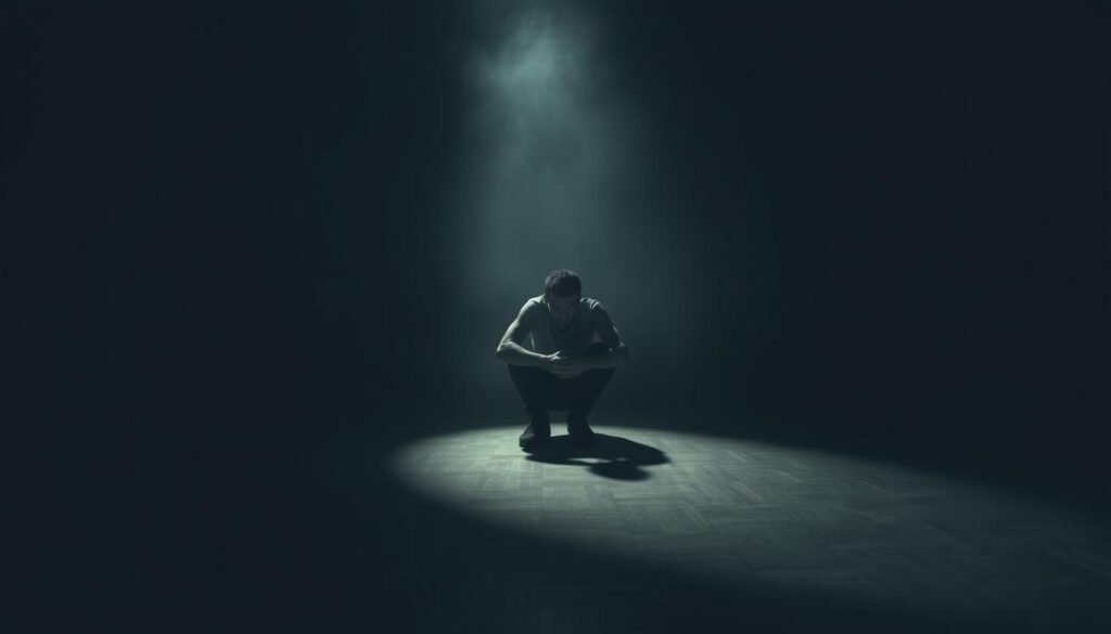 A dimly lit room, shadows cast across the floor, a sense of unease permeating the air. In the center, a figure sits hunched, hands clenched tightly, eyes darting nervously, a physical manifestation of the debilitating fear of silence. Muted colors and a hazy atmosphere create a sense of isolation, emphasizing the overwhelming anxiety that grips the subject. The scene is captured through a wide-angle lens, conveying the overwhelming nature of this phobia, with the figure appearing small and vulnerable within the vast, empty space. Subtle details like shaking hands and a hunched posture further accentuate the physical symptoms of sedatephobia, creating a poignant and emotive representation of this profound psychological condition.