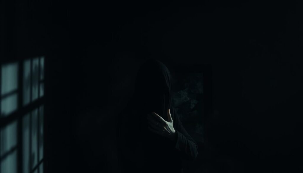 A dimly lit room, shadows cast across the walls, a sense of unease permeating the atmosphere. In the foreground, a figure shrouded in darkness, their face obscured, hands trembling. Surrounding them, swirling mists of uncertainty, tangible manifestations of the phobia of silence. In the background, a fractured mirror, reflecting fragmented images of the past, a visual representation of the distorted perceptions that fuel this fear. The lighting is muted, creating a somber, introspective mood, as if the viewer is peering into the depths of the psyche. The composition is tight, focusing the attention on the central figure, emphasizing the intensity of the experience.
