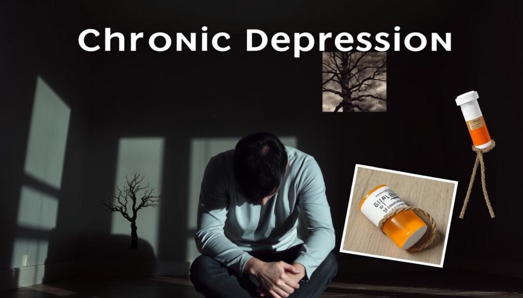 A dimly lit room, shadows cast upon the walls, a sense of heaviness and melancholy permeating the space. In the foreground, a figure sits hunched, shoulders slumped, face obscured, symbolizing the emotional burden of chronic depression. Surrounding them, a collage of symbolic imagery: a clouded sky, a barren tree, a pill bottle, and a frayed rope, each representing the complex interplay of biological, psychological, and environmental factors that contribute to this debilitating condition. The lighting is muted, creating a somber, introspective mood, inviting the viewer to empathize with the subject's inner turmoil. The composition is balanced, the elements working together to convey the multifaceted nature of chronic depression's causes.