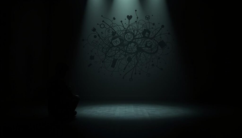 A dimly lit room, shadows casting an ominous atmosphere. In the foreground, a solitary figure sits hunched, their expression distant and disconnected. The middle ground reveals a tangled web of thoughts, emotions, and coping mechanisms, each represented by fragmented, distorted shapes. In the background, a sense of isolation and confinement, with a muted color palette suggesting a lack of vibrancy and joy. The scene evokes a sense of introspection, the struggle to make sense of an internal landscape marked by complex and often overwhelming psychological experiences. Cinematic lighting and a shallow depth of field create a sense of depth and focus, drawing the viewer's attention to the core of the subject's inner turmoil.