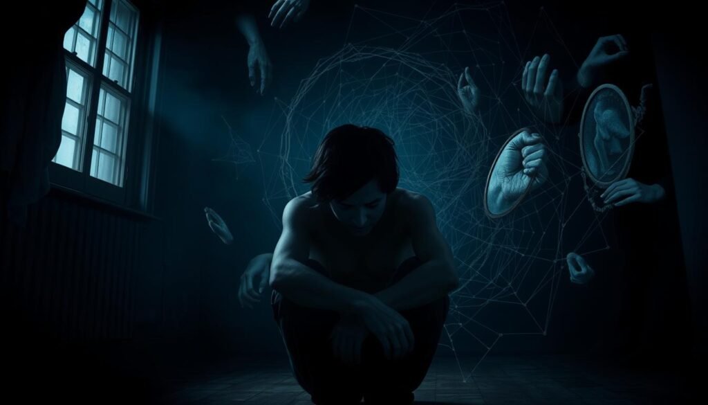 A dimly lit room, shadows creeping in the corners, a sense of unease permeating the space. In the foreground, a figure sits hunched, shoulders slumped, expression etched with a profound sense of distress. Surrounding them, a swirling vortex of symbolic elements - tangled webs, shattered mirrors, and grasping hands, all representing the complex web of factors that can contribute to the development of borderline personality disorder. The lighting casts a somber, haunting glow, emphasizing the fragility and vulnerability of the central figure. The overall atmosphere conveys the heavy emotional burden and the isolating nature of this mental health condition.