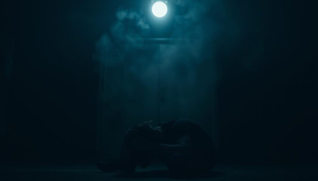 A dimly lit room, shadows looming ominously. In the foreground, a person curled up on the floor, face buried in their hands, expression contorted with anguish. Overhead, a harsh, flickering light casts an unsettling glow, accentuating the tension and unease. The middle ground is hazy, with a sense of constriction and claustrophobia. The background recedes into a blurred, indistinct void, conveying a feeling of isolation and detachment. The scene is imbued with a palpable sense of panic, as if the very walls are closing in, overwhelming the individual and their ability to cope. The lighting, angles, and overall atmosphere evoke the overwhelming and debilitating nature of panic disorder.