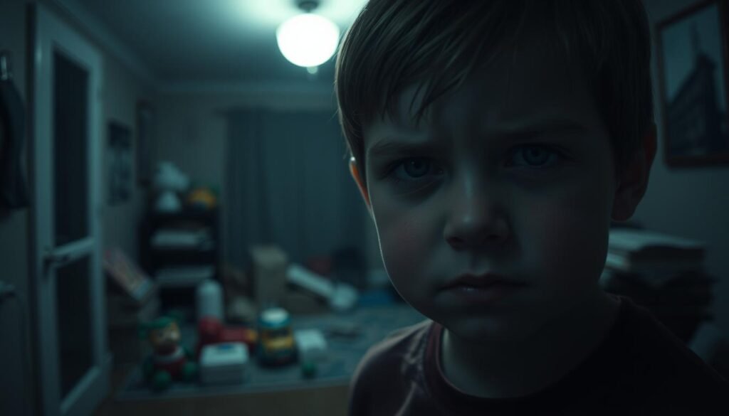 A dimly lit room, the air heavy with a sense of unease. In the foreground, a young face - eyes cold and calculating, a subtle smirk playing on the lips. The child's features are sharp, almost predatory, hinting at a disturbing depth of emotional detachment. The middle ground reveals a cluttered space, toys and books strewn about, suggesting a chaotic and neglected environment. In the background, the shadows loom, creating an ominous atmosphere that heightens the sense of isolation and psychological distress. Soft, moody lighting casts an eerie glow, emphasizing the unsettling nature of the scene. The overall impression is one of a deeply troubled child, a budding psychopath whose inner workings are hidden from the world.