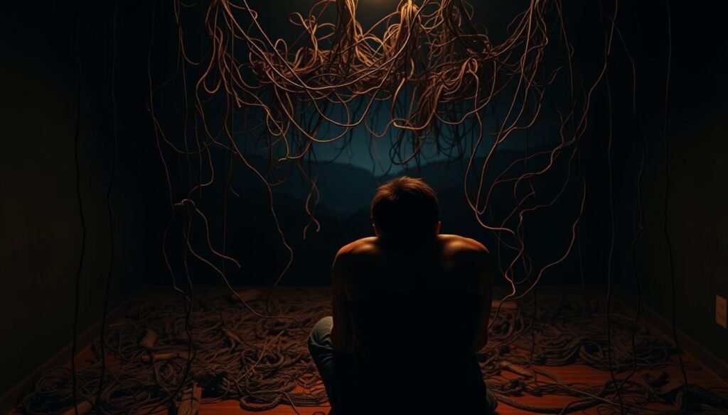 A dimly lit room, the air heavy with unease. In the foreground, a person sits, shoulders hunched, eyes downcast, the weight of inner turmoil evident in every line of their body. Surrounding them, a maze of tangled threads, each one representing a potential trigger or contributing factor to their mental health condition. In the background, a shadowy landscape, hinting at the complex and often deeply rooted causes that can lead to the development of antisocial personality disorder. The lighting is soft, with a warm, amber glow casting a somber yet introspective mood. The scene is captured through a wide-angle lens, emphasizing the sense of isolation and the overwhelming nature of the challenges faced.