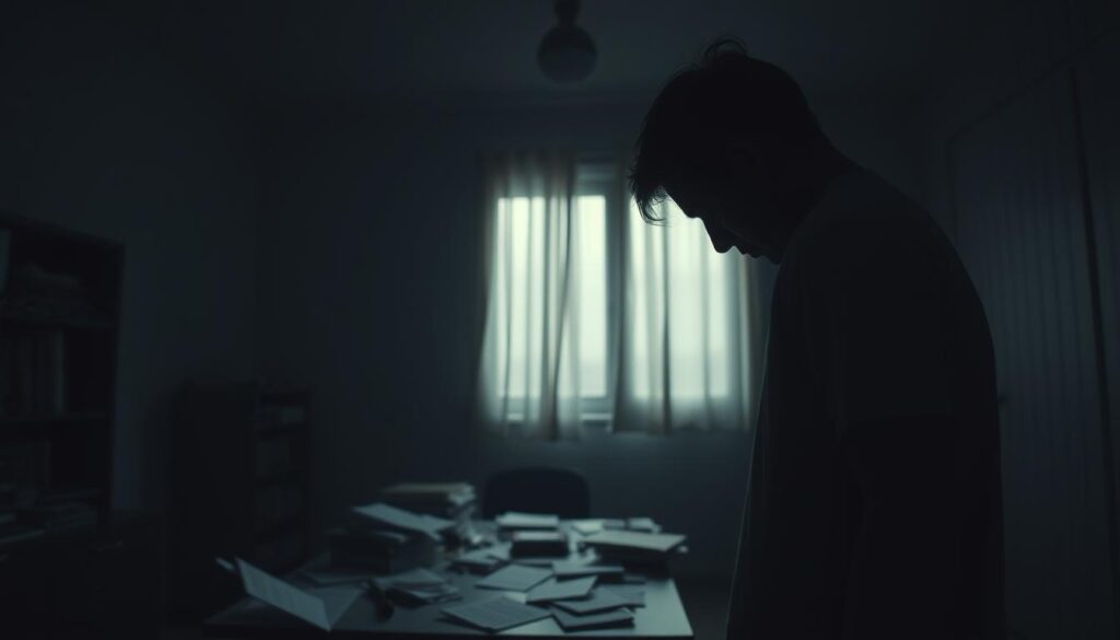 A dimly lit room, the air thick with a palpable sense of tension. In the foreground, a person stands with their head bowed, shoulders slumped, a visual metaphor for the weight of emotional intelligence's absence. The middle ground reveals a cluttered desk, papers scattered haphazardly, signifying the disorganization and lack of focus that often accompanies a deficit in emotional awareness. In the background, a window casts a soft, muted glow, hinting at the potential for growth and improvement, if only the individual can muster the courage to confront their emotional shortcomings. The scene is captured with a cinematic, low-angle lens, evoking a sense of the subject's isolation and the gravity of the situation.