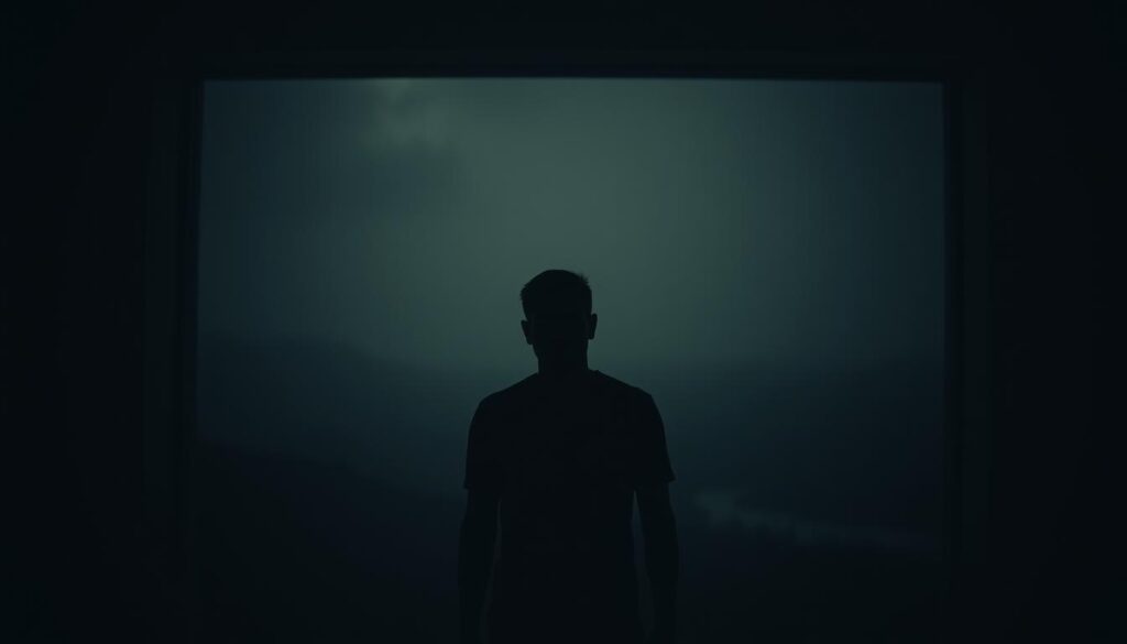 A dimly lit room, the air thick with a sense of unease. A figure stands alone, their gaze distant and unfocused, as if lost in a world of their own. The lighting is somber, casting deep shadows that seem to shroud their identity, hinting at the internal turmoil they face. The background is a blurred, abstract landscape, devoid of clear landmarks, symbolizing the disorientation and disconnect from reality that often accompanies dissociative identity disorder. The overall atmosphere is one of isolation, vulnerability, and the struggle to reconcile the fragmented self.