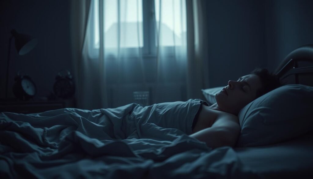 A dimly lit room, the air thick with exhaustion. In the foreground, a person lies on a bed, their face etched with weariness. Their body language conveys a deep sense of fatigue, limbs heavy, eyes half-closed. In the middle ground, subtle details emerge - a crumpled sheet, a glass of water on a nightstand, a clock ticking away the sluggish hours. The background is hazy, blurred, as if the world outside has faded into the distance, the focus entirely on the struggle within. Muted colors, soft lighting, and a sense of melancholy pervade the scene, capturing the essence of chronic fatigue syndrome.
