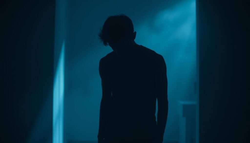 A dimly lit room, the air thick with tension. A lone figure, shoulders hunched, eyes downcast, grappling with the overwhelming sense of self-consciousness. Soft, muted colors create a somber atmosphere, reflecting the weight of social anxiety. Diffused lighting casts subtle shadows, emphasizing the individual's isolation and vulnerability. The scene conveys a profound sense of discomfort, as if the subject is trapped within their own thoughts, struggling to navigate the complexities of social interactions. The overall impression is one of profound unease, a visual representation of the debilitating condition known as social anxiety disorder.
