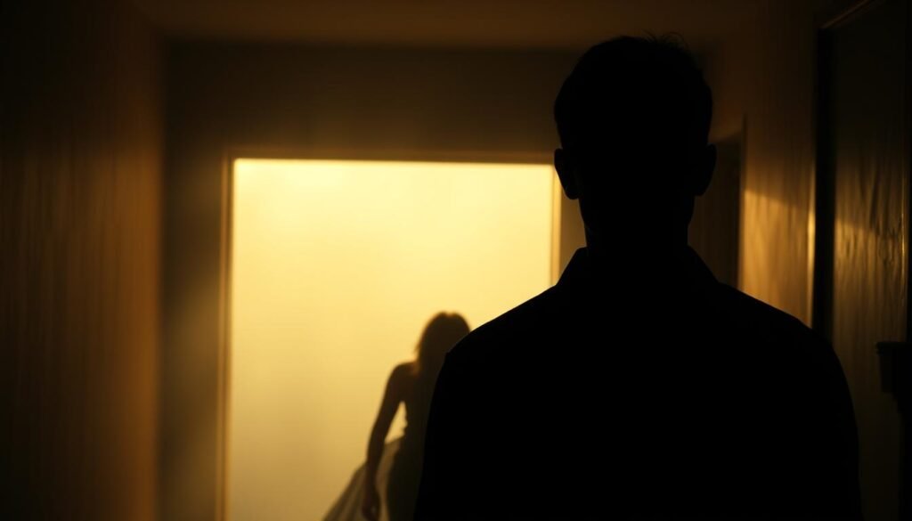 A dimly lit room, the air thick with tension. In the foreground, a figure stands with a detached, emotionless gaze, radiating a sense of unease. The middle ground reveals a cowering individual, their body language betraying fear and desperation. The background is hazy, suggesting a sense of isolation and entrapment. Shadows cast ominous shapes, creating a claustrophobic atmosphere. The lighting is moody, with warm tones in the foreground and cooler hues in the background, highlighting the contrast between the two figures. The scene is rendered with a cinematic quality, capturing the essence of living with a psychopath - the constant fear, the sense of helplessness, and the overwhelming sense of being trapped in a nightmare.