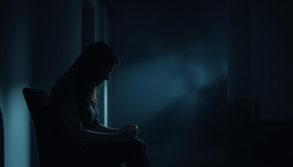 A dimly lit room, the air thick with unease. In the foreground, a woman sits hunched on a chair, her body language betraying the silent turmoil within. Her hands fidget nervously, eyes darting around the room, as if seeking an escape. The middle ground is shrouded in a hazy, anxious atmosphere, with shadows creeping in from the corners. The background is blurred, suggesting a sense of isolation and disconnection from the outside world. Muted tones of gray and blue dominate the scene, conveying a somber and introspective mood. The lighting is soft and moody, casting a sense of vulnerability and introspection. The overall composition evokes a sense of tension, highlighting the hidden, internal struggles that often accompany silent anxiety attacks.