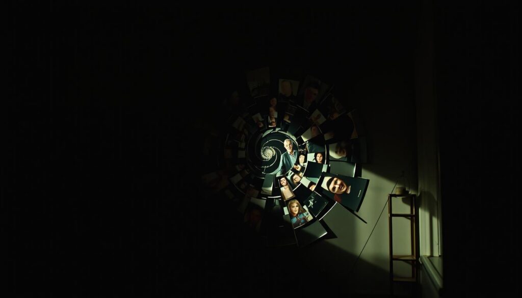 A dimly lit room, the shadows casting a haunting atmosphere. In the foreground, a collage of iconic characters from popular culture - a Jekyll and Hyde-esque figure, a troubled child with a split personality, a superhero with an alter ego. The middle ground features a swirling vortex of fragmented identities, blurring the lines between reality and fantasy. In the background, a kaleidoscope of fractured mirrors reflects the complexities of dissociative identity disorder, each shard revealing a different facet of the human psyche. The lighting is moody, the colors muted, creating a sense of unease and psychological tension. The composition is a striking visual metaphor for the fragmentation and duality inherent in this mental health condition.