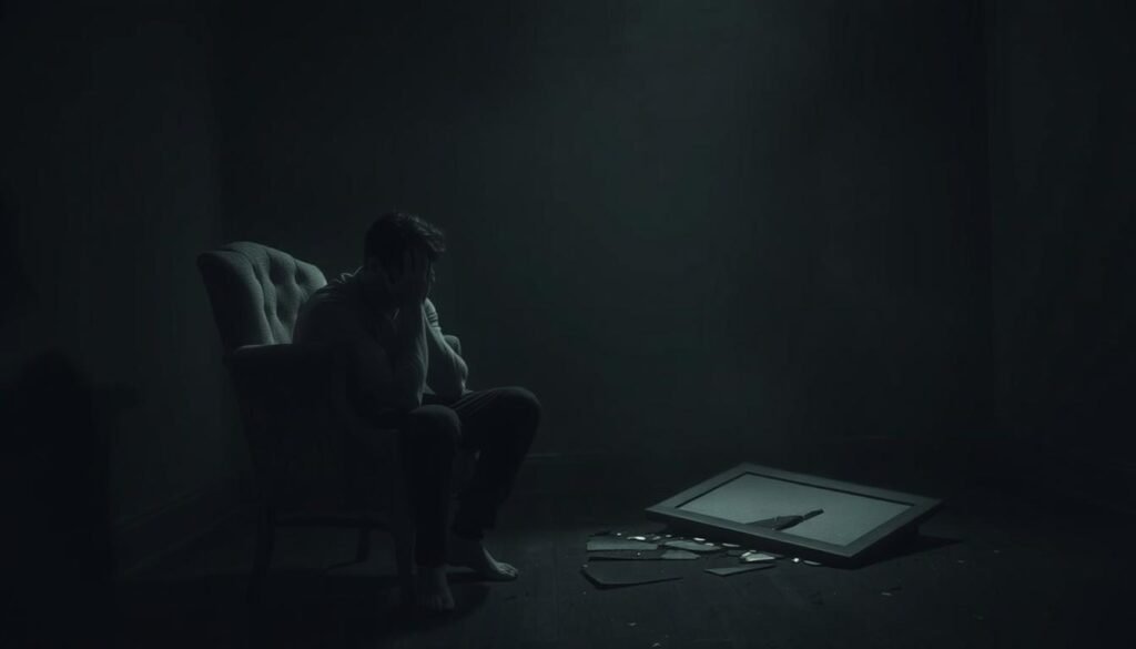 A dimly lit room, the walls a somber shade of gray. In the foreground, a figure sits hunched on a worn, weathered chair, their expression one of profound distress. Shadows cast across their face, conveying a sense of inner turmoil. In the middle ground, a shattered mirror lies on the floor, fragments reflecting a fragmented psyche. The background is hazy, suggesting a sense of isolation and disconnection from the outside world. Muted lighting casts a melancholic glow, evoking the long-term psychological impacts of false accusations in a relationship.