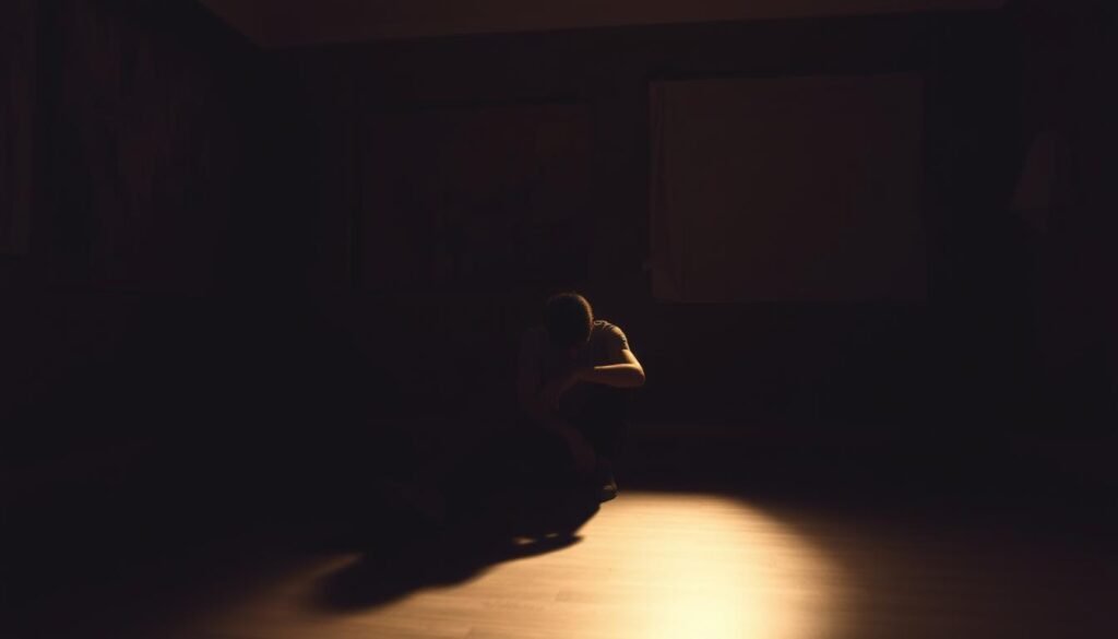 A dimly lit room, the walls adorned with abstract paintings that evoke a sense of emotional turmoil. In the center, a figure sits hunched, their face obscured by shadows, conveying the weight of the emotional challenges they face. The lighting is moody, casting a warm glow that creates a sense of introspection and vulnerability. The composition is balanced, with the figure occupying the foreground, while the background is slightly blurred, allowing the viewer to focus on the central subject. The overall atmosphere is one of contemplation and the subtle complexities of emotional relationships.