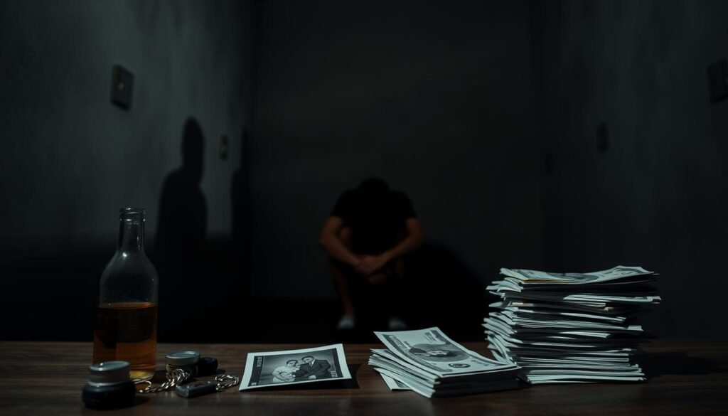 A dimly lit room, the walls adorned with shadows cast by a single overhead light. In the foreground, a series of objects representing the risk factors for Antisocial Personality Disorder - a broken family photograph, a bottle of alcohol, and a stack of unpaid bills. In the middle ground, a person sits hunched, their face obscured, symbolizing the isolation and emotional turmoil associated with the disorder. The background is hazy, with a sense of unease and uncertainty, reflecting the complex and multifaceted nature of the condition.