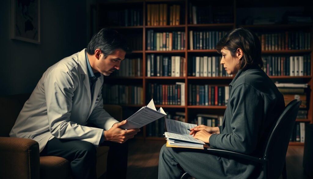 A dimly lit room with a couch and chair in the foreground, a desk with a laptop and medical files in the middle ground, and a bookshelf filled with psychology textbooks in the background. The scene is bathed in a warm, pensive lighting, casting shadows that suggest a contemplative atmosphere. The doctor, dressed in a white coat, is leaning forward, intently examining the patient's file, their expression a blend of professional curiosity and clinical detachment. The patient, seated across from the doctor, appears reserved and guarded, their body language and facial expression hinting at the complexities of the diagnostic process for narcissistic personality disorder.