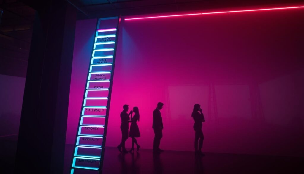 A dimly lit room with a pulsing, neon-infused ambiance. In the foreground, a ladder-like structure representing the various rungs of attraction, each rung labeled with a distinct metric - physical appearance, status, wealth, personality, and more. The ladder casts a vibrant, holographic glow, illuminating the subject matter. In the middle ground, shadowy figures engage in subtle courtship rituals, their movements and interactions alluding to the complex dynamics of interpersonal attraction. The background is a hazy, abstract landscape, suggesting the broader social implications and undercurrents at play. Soft, cinematic lighting and a moody, evocative color palette set the tone, inviting the viewer to ponder the nuances of human connection.