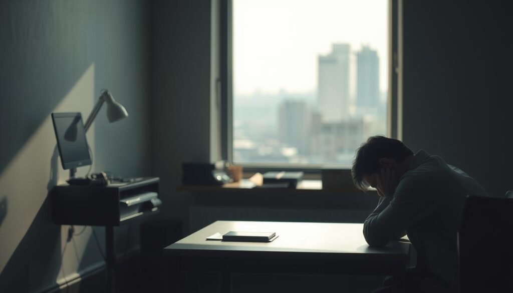 A dimly lit room with muted colors, conveying a sense of isolation and uncertainty. In the foreground, a person sits hunched, shoulders slumped, their face hidden in their hands, symbolizing the emotional toll of the pandemic. The middle ground features a blurred backdrop of daily life disruptions - an empty desk, a tangle of wires, and a half-empty cup of coffee, representing the challenges of adapting to a new normal. In the background, a hazy, muted cityscape beyond a window, reflecting the broader societal and economic impacts. Soft, diffused lighting casts long shadows, adding to the somber atmosphere. The overall scene evokes the personal, professional, and communal difficulties of building resilience during the COVID-19 crisis.
