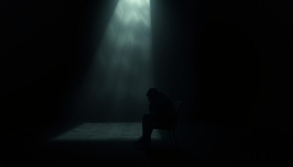 A dimly lit room, with shadows playing across the walls. In the foreground, a lone figure sits in a chair, their face obscured by their hands. A sense of unease and apprehension permeates the scene. The middle ground is hazy, with muted colors and a sense of isolation. In the background, a vast, empty space, a void that represents the overwhelming fear of the unknown. Soft, muted lighting casts a somber mood, highlighting the tension and vulnerability of the subject. The scene evokes a profound sense of introspection, a journey into the depths of one's own psyche, where the silence becomes a palpable presence, both terrifying and enlightening.