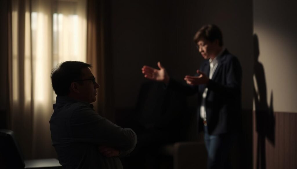 A dimly lit room with subtle shadows, highlighting the nuanced body language of two figures engaged in a conversation. The foreground depicts a person leaning back, arms crossed, with a subtle frown, suggesting a defensive or disinterested posture. The middle ground shows another person gesturing emphatically, hands open and palms facing outward, suggesting an attempt to convey a message. The background is blurred, creating a sense of focus on the interpersonal dynamic. Subtle highlights and low-key lighting evoke a contemplative, serious atmosphere, encouraging the viewer to observe and analyze the unspoken cues.