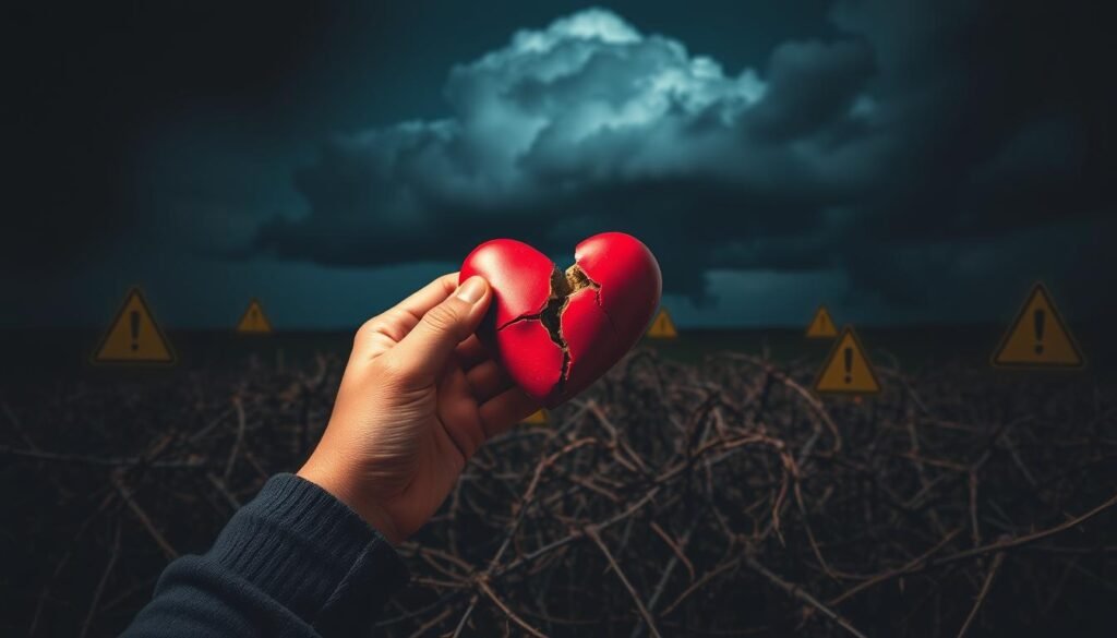 A dimly lit scene depicting various warning signs in a relationship. In the foreground, a pair of hands holding a cracked heart, symbolizing emotional fragility. In the middle ground, a maze of tangled thorns, hinting at the complexities and obstacles that can arise. In the background, a storm cloud looms, casting an ominous shadow over the scene. The lighting is dramatic, with a mix of warm and cool tones, creating a sense of tension and unease. The overall composition conveys a sense of caution and the need to navigate relationship challenges with care and wisdom.