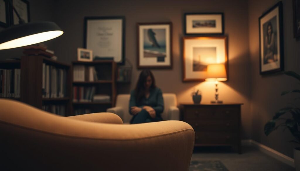 A dimly lit therapy office, with a plush, inviting armchair in the foreground. In the middle ground, a person sitting contemplatively, their face obscured, suggesting the internal struggles they seek to address. The background features bookshelves, diplomas, and calming artwork, conveying a sense of professionalism and compassion. Soft, warm lighting casts a soothing glow, creating an atmosphere of introspection and healing. The scene evokes a safe, welcoming space where those in need can find the support and guidance they seek.