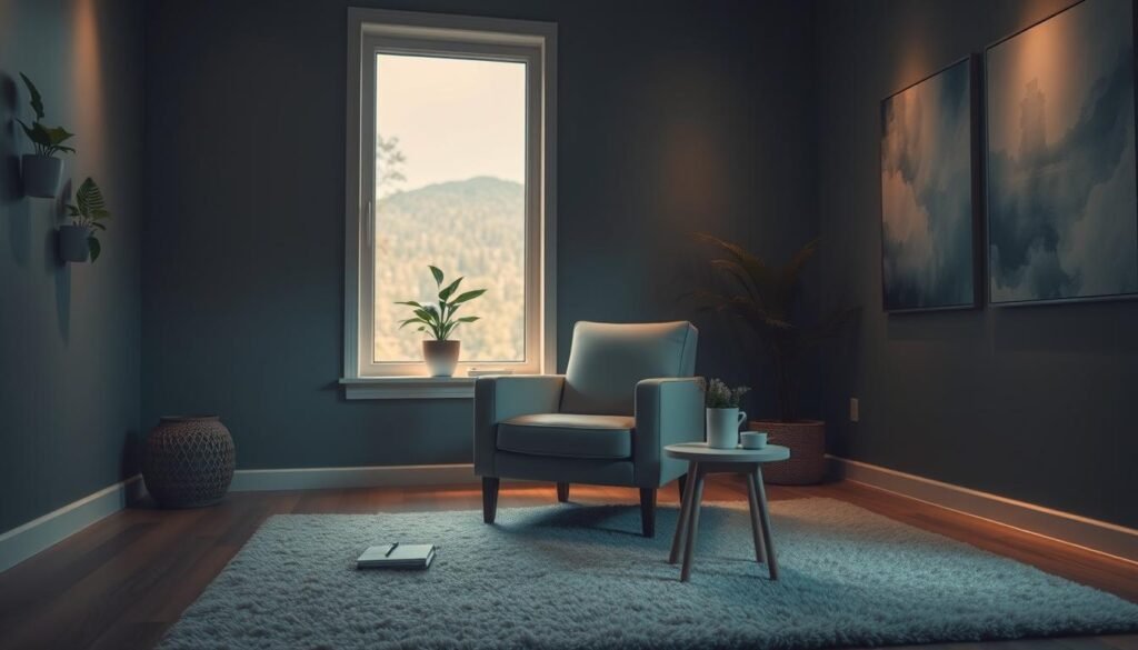 A dimly lit therapy room, with soft, warm lighting casting a serene glow. In the center, a comfortable armchair facing a large window, allowing natural light to filter in. On the windowsill, a potted plant, its leaves gently swaying. The walls are adorned with soothing, abstract art, creating a calming atmosphere. A small table beside the chair holds a cup of herbal tea and a notebook, symbolizing the tools for self-reflection and healing. The floor is covered in a plush, neutral-toned rug, inviting visitors to sink in and find solace. The overall scene conveys a sense of safety, tranquility, and the transformative power of facing one's fears through therapeutic practices.